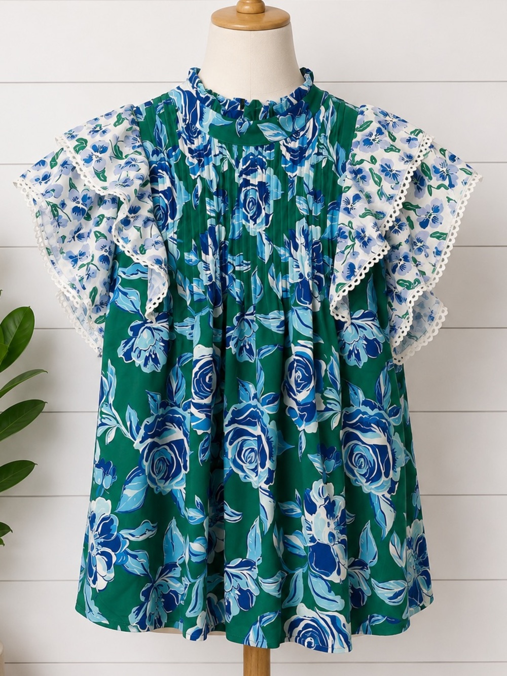 Boutique Green Blue Floral Ruffle Sleeve Blouse Statement Top Cottagecore